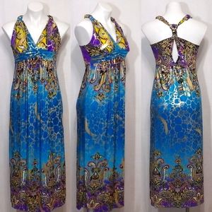 Cleo Halter Racerback Cutout Back Colorful Print Maxi Dress Summer Cruise Small